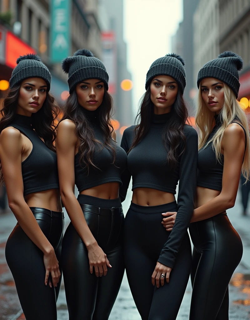 Four big breasts girls in tight plain turtleneck and leggings with beanie, realistic image in city