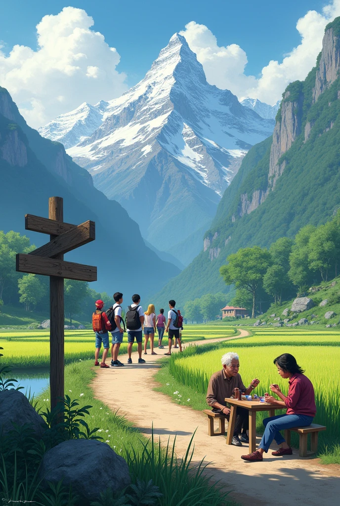 a group of city youth on a trip to the mountains, at a crossroads, with a mountainous background, there is a signpost to the mountain, and there is a post on the edge of the rice field where there is a group of old people playing cards