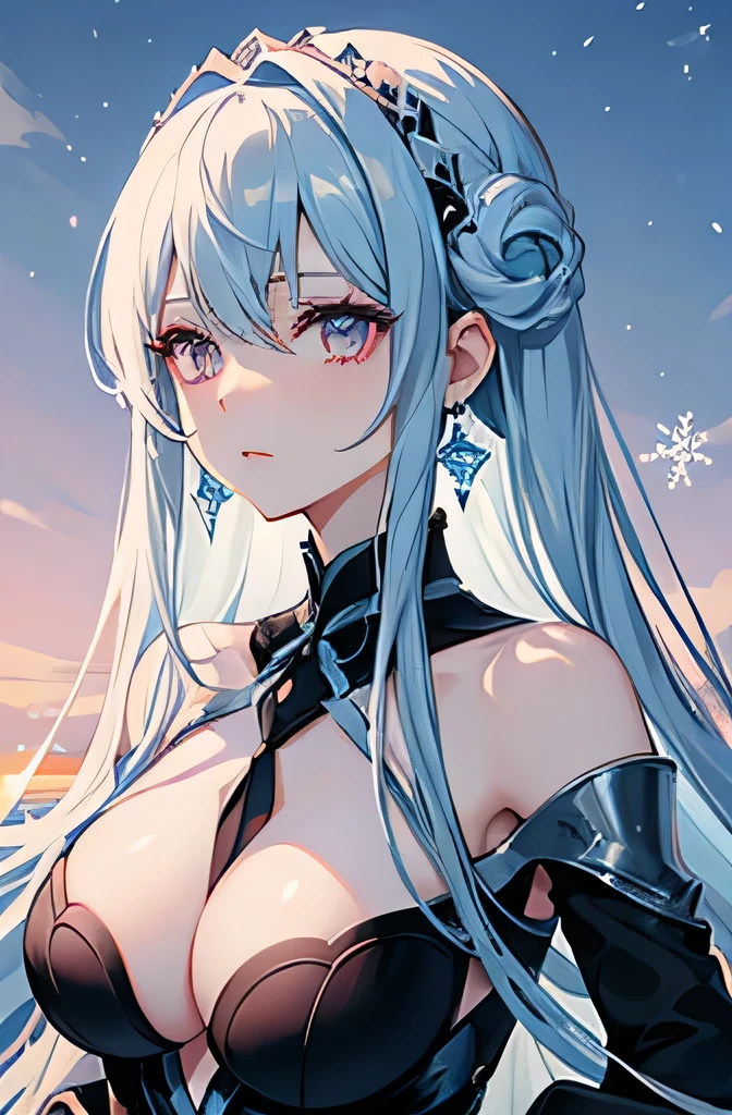Anime, woman, long hair, pale blue hair, pink eyes, cool, earrings, big boob, wearing a black dress, beautiful, elegant, pure, fantasy, ice, snowflake, snow land,