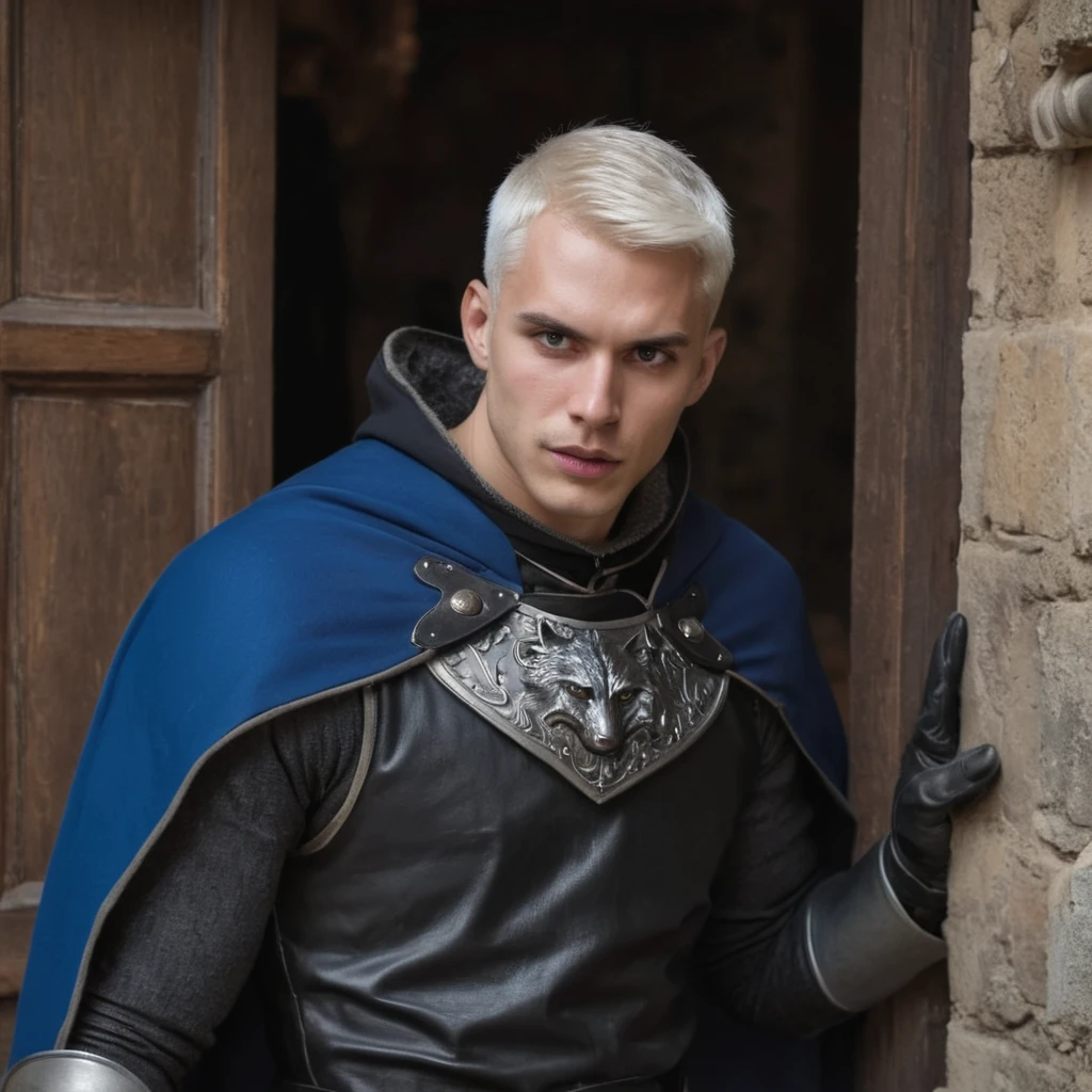 Young man tall muscular, wide, bright-eyed, With shaved White hair, wearing a medieval Armor with wolf shoulder pads, black and a Blue cape, angry at the entrance door of a tavern, Realistic, Full HD, best quality