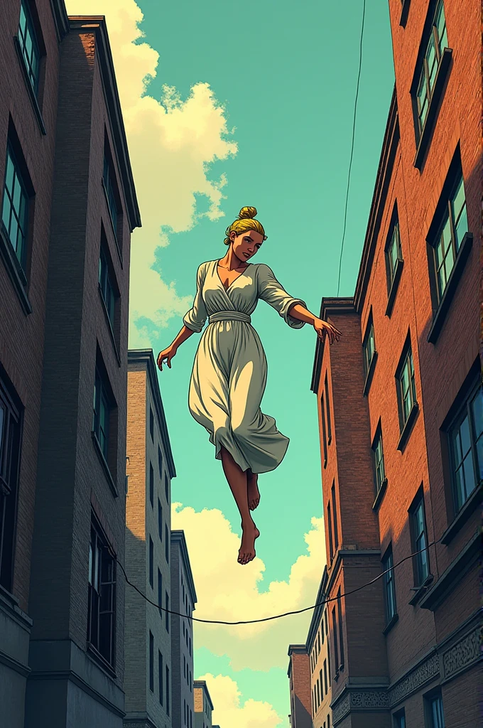 Character Dove from The Tenement, Comics version, pombinha is a white woman with blonde hair tied in a bun, wearing a long white dress with sleeves.