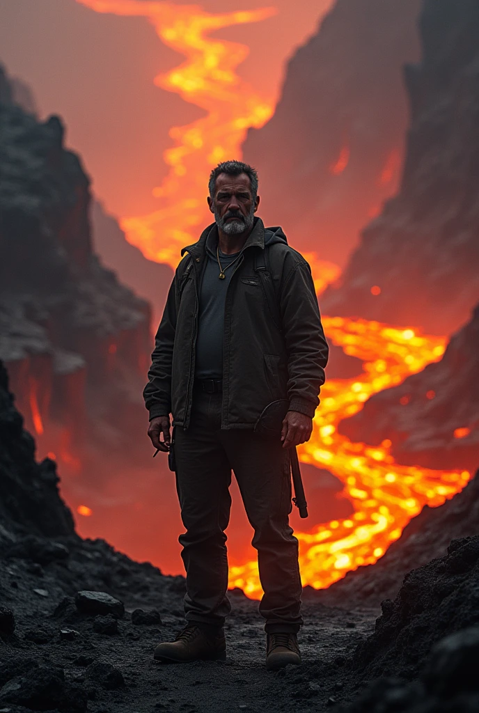 A men standing lonely at around lava
