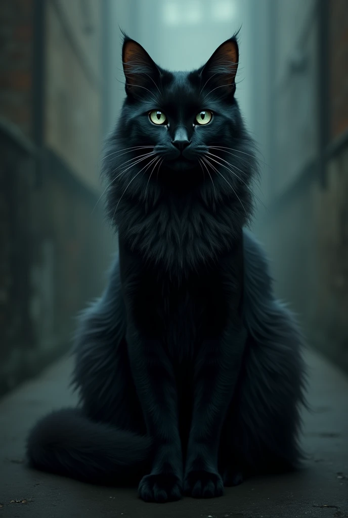 Black cat with gray, greenish eyes with long fur down to the floor