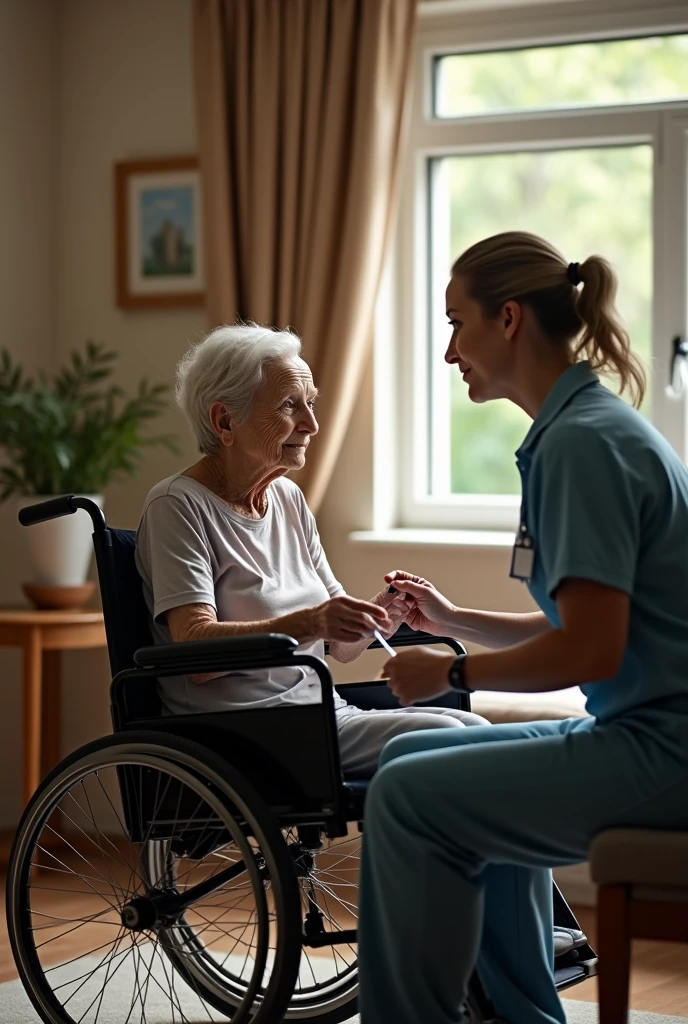 I want an image of an old women sitting on wheel chair and a house female nurse helping her in injection .
Brand name should be written in image ELDERLY CARE NURSING