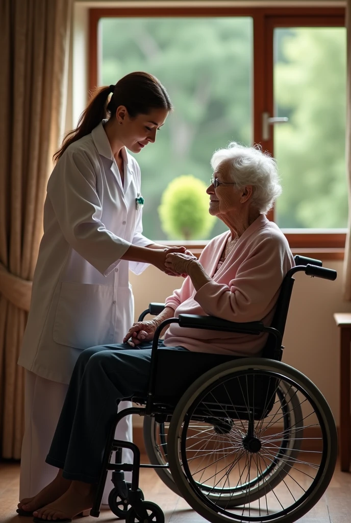 I want an image of an old women sitting on wheel chair and a house female nurse helping her in injection .
Brand name should be written in image ELDERLY CARE NURSING