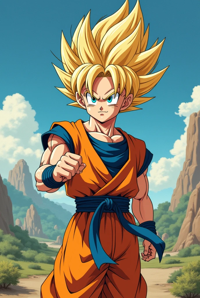 masterpiece. (anime Dragon Ball (Sangoku-Goku looks at the camera in greeting) Best quality. Beautiful cinematic impressionistic painting in the style of Ashley Wood. (anime Dragon Ball (Sangoku-Goku) fairytale background) (Minimalism:1), original details.