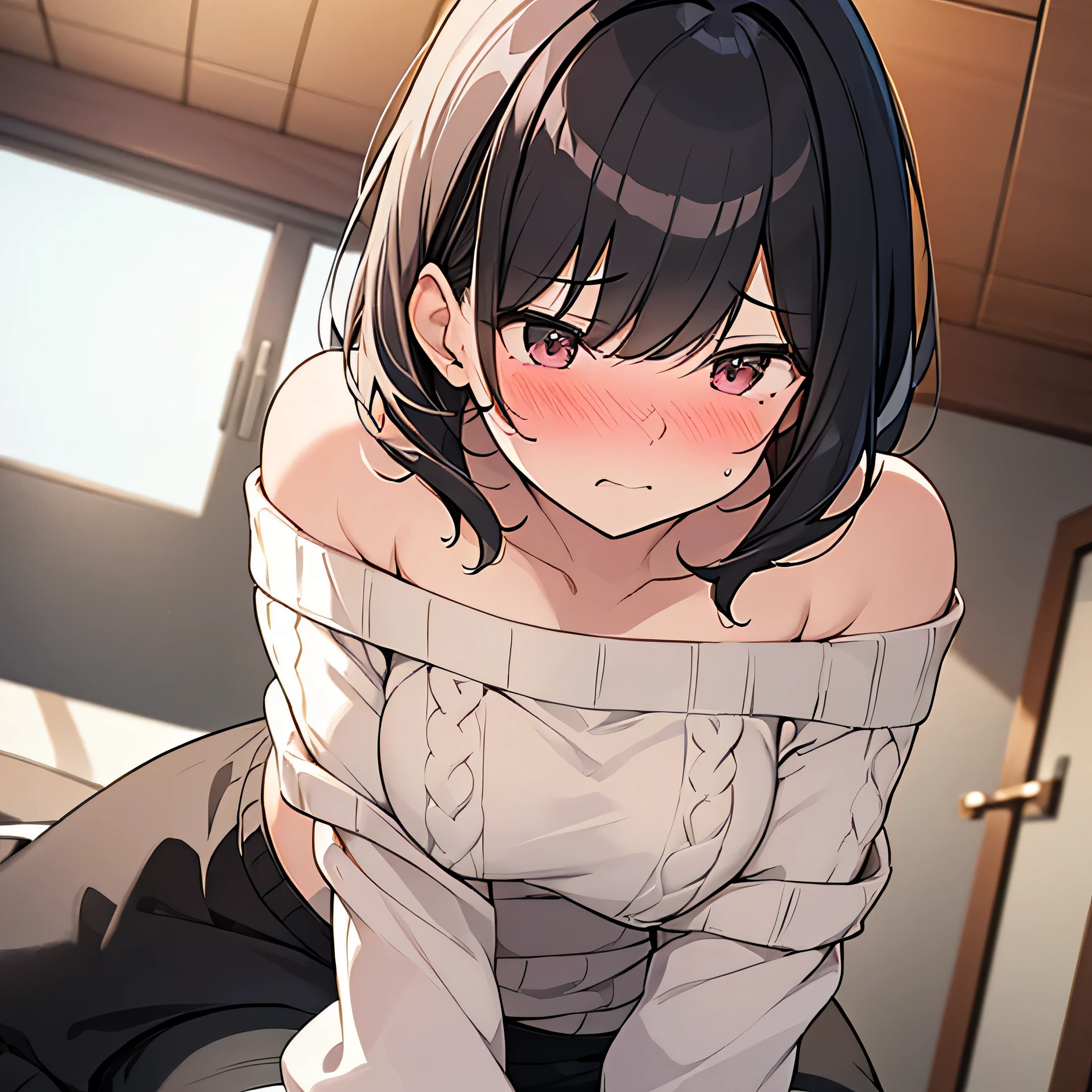 Masterpiece, Top quality, Worm eye view:1.5 , looking down,1 beautiful girl, straddling on all fours, black hair, short hair, wave hair,***********, medium breasts, standard weight,  (Off-the-shoulder sweater:1.3), blush :1.5, (beautiful scene of ceiling) (embarrassed,blush:1.3)、 nose blush