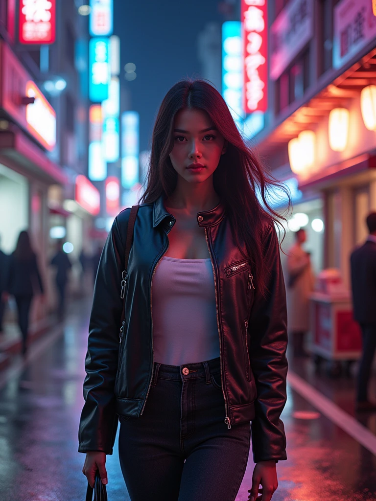 8k Beautiful Asian Woman, big , walking on the Tokyo city with a Neon Colors behind