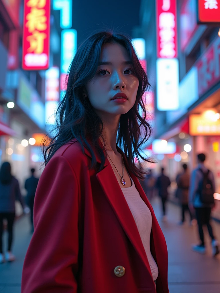 8k Beautiful Asian Woman, big , walking on the Tokyo city with a Neon Colors behind