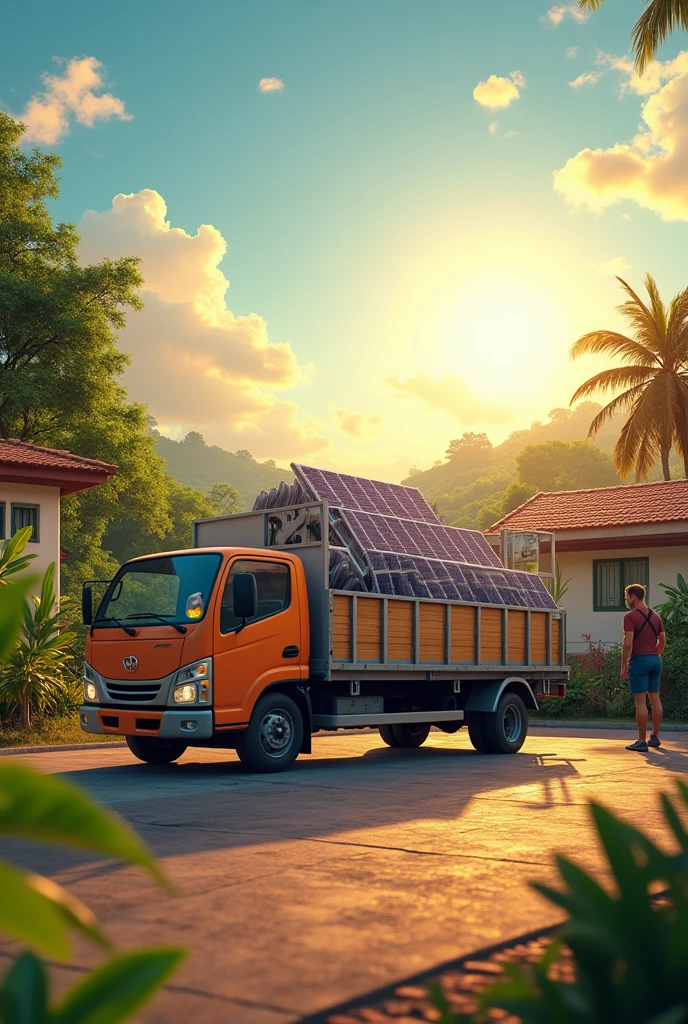 An image of Brazil, a truck from a company called Ongrid Energia Solar full of solar panels arriving at a residence, the owner of the house leaving the house very happy to arrive at the solar panels. I want it with sun and clouds