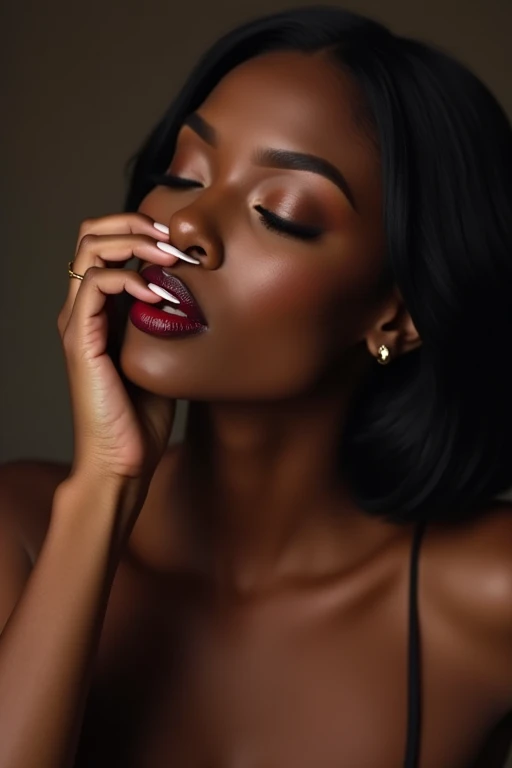 A woman with dark skin and realistic nails giving a blowjob