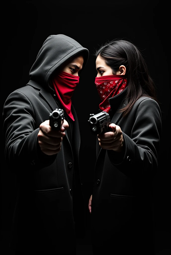 create a logo with the name YAKUZA THE CURSE with a man and a woman in black clothes and gang style red bandana mask holding guns