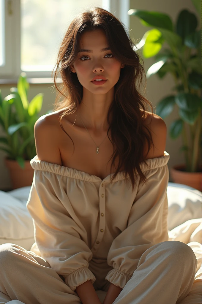 (photo realistic) beautiful woman, sitting on bed, wearing loose off-shoulder top, pajama pants, long wolfcut, indoors, soft lighting, plants in background, window with sunlight, cozy room, relaxed pose, realistic, intricate details, warm colors.