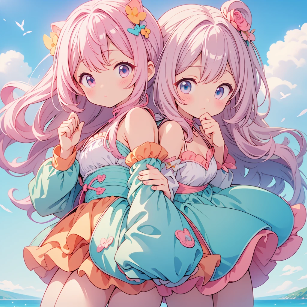 Best quality at best, tmasterpiece, Incredibly beautiful, very elaborate 8K wallpaper, otherworldly beautiful girl, (blonde hair pink gradient hair), Side pony, intermittently, Open your mouth and laugh, Long eyelashes, cosmetics, Close her eyes, (zoomout, The large, BigREAK, 夏天, Beachy, (比基尼), Reflection in the water, (Floating water drops blur foreground), (blue-sky), lens flare glow, (water splash), rays of sunshine,
