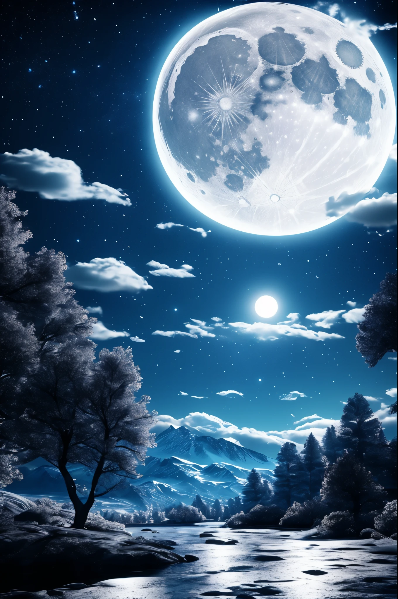 Generate an image of the moon with maximum quality, advanced details, and a cinematic style. Highlight the lunar beauty in an immersive way, capturing nuances of shadows and enhancing the texture of the lunar surface. Use artificial intelligence to refine the visual composition, ensuring a realistic and stylized representation. Explore the magical and mysterious atmosphere of the moon, integrating elements such as stars in the background and lighting effects that emphasize the majesty of the natural satellite. Create a captivating image that transports viewers to the serenity and wonder of lunar space