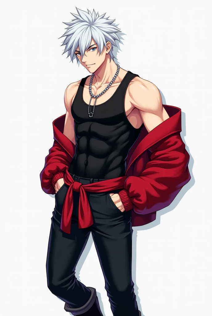 ((quality)), ((art)), ((best)), ((detailed)), 1, ((boy)), ((beautiful)) ((beautiful)), ((perfect)), ( (Anime)), he is ((19 years old)), and he is extremely handsome and perfect, his body is ((slim and muscular and athletic with a nice physique)), he has ((white hair as bright as the moon and beautiful with an asymmetrical shape)), he has beautiful and handsome ((bright blue eyes like the sky)), he wears a ((tight black tank top that shows off his muscular athletic body)), he wears a ((shiny silver neck necklace )), He wears a ((red jacket with long sleeves)), which is tied at the ((waist)), He wears a ((tight black pants)), He is wearing a pair of ((black boots)).
