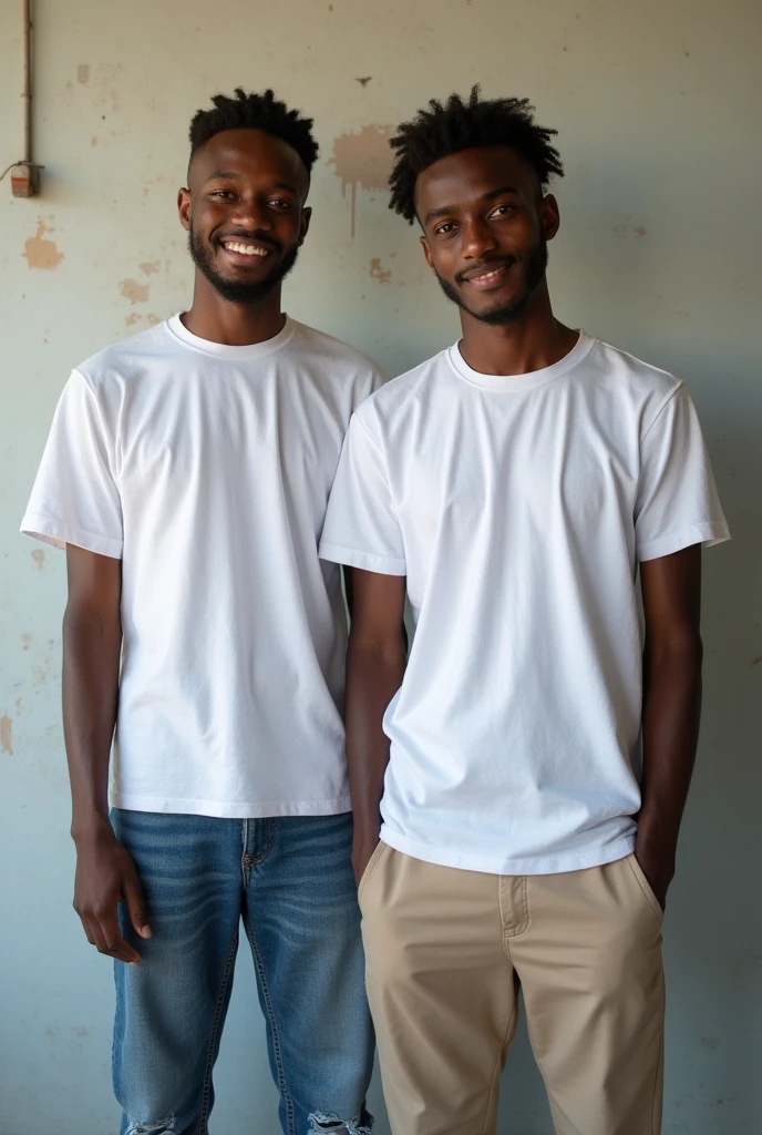 Create a split-image of the same light skinned 21 years old Ethiopian man shown side by side against a messed up wall as a background to illustrate a before and after transformation. In the 'before' image on the left, depict the man as shorter and wearing a plain white T-shirt and jeans. In the 'after' image on the right, show the same man taller, with no change in physique, wearing the same white T-shirt but with casual pants instead. Both images should have the man smiling and looking directly at the camera, with a noticeable difference in height and little difference on presence. The background should be the same for both pictures and minimalist with natural lighting, highlighting the transformation. Make the picture realistic