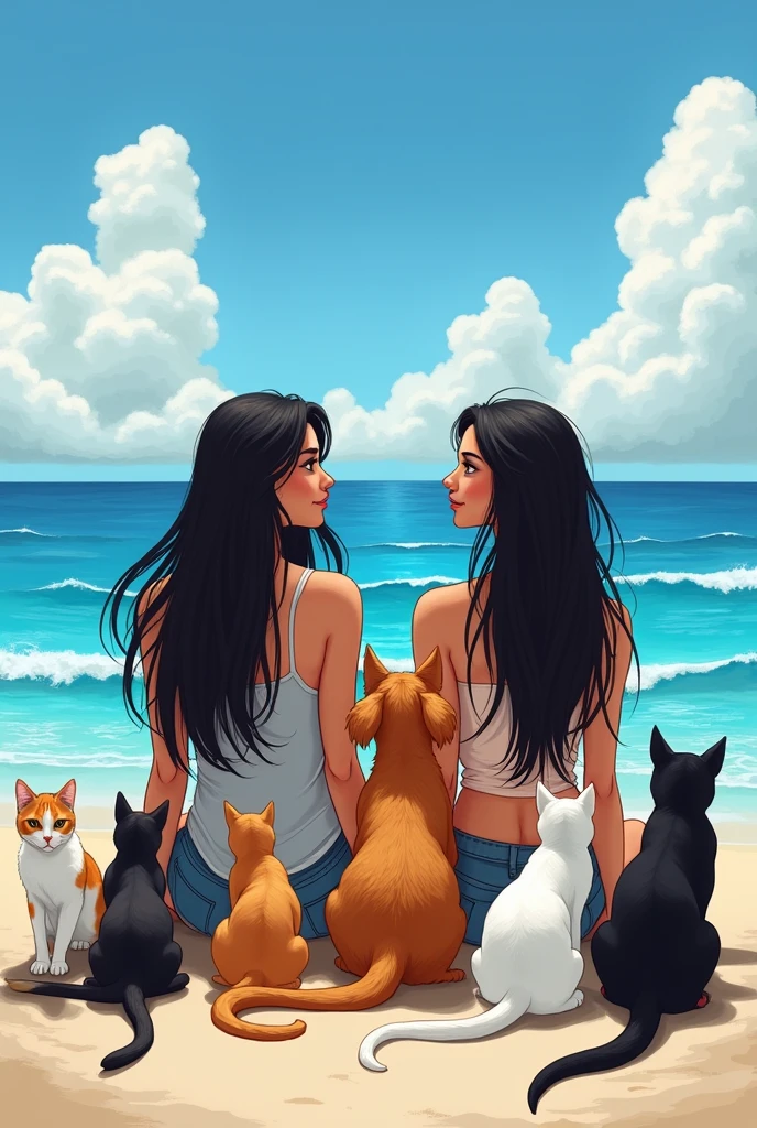 a drawing of two Brazilian women with black hair sitting looking at the sea with seven cats of different breeds and a large golden retriever dog sitting next to them