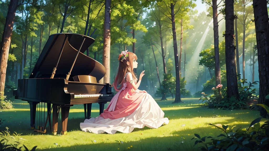 10 year old girl playing piano in the forest, profile position, full body design, beautiful colorful dress, anime style. Perfect lighting. Perfectly defined details of the face and body.