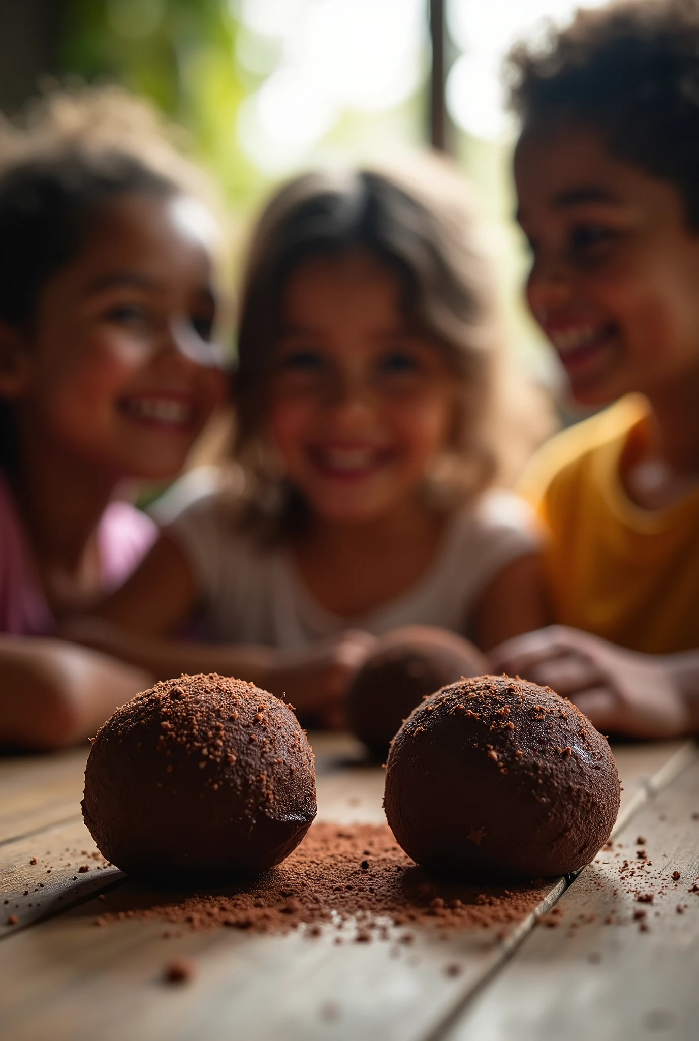 A gourmet and inviting brigadeiro setting with a close-up of two chocolate brigadeiros placed on a rustic wooden table. No fundo, softly focused silhouettes of children looking at the warm brigadeiros, with smile on face, trying to get the chocolate brigadeiros sprinkled with chocolate, creating a sense of connection and community. Soft sunlight coming through a window, casting a warm glow, symbolizing the warmth of open and honest communication." This image conveys a sense of camaraderie and the importance of meaningful dialogue., perfect for a video about divine communication skills. INFO