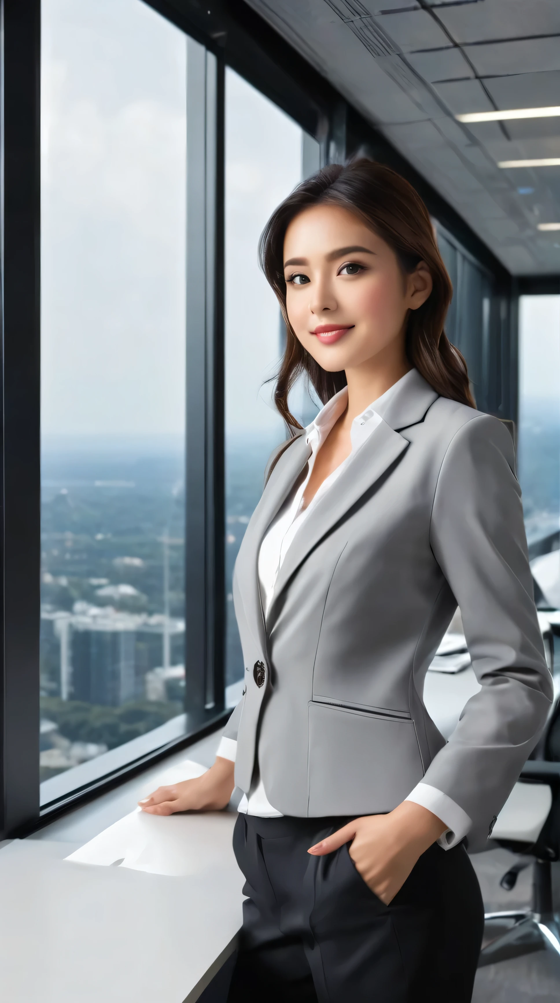 Create an ultra-realistic image of a young, professional woman standing in a modern office building. The woman has straight, dark hair and is wearing a tailored gray blazer over a white button-up shirt. She is leaning slightly on a railing with a confident and friendly expression on her face. The background should feature a bright and spacious office environment with large windows and modern architecture, allowing natural light to fill the space. The overall atmosphere should convey professionalism, approachability, and a contemporary business setting.