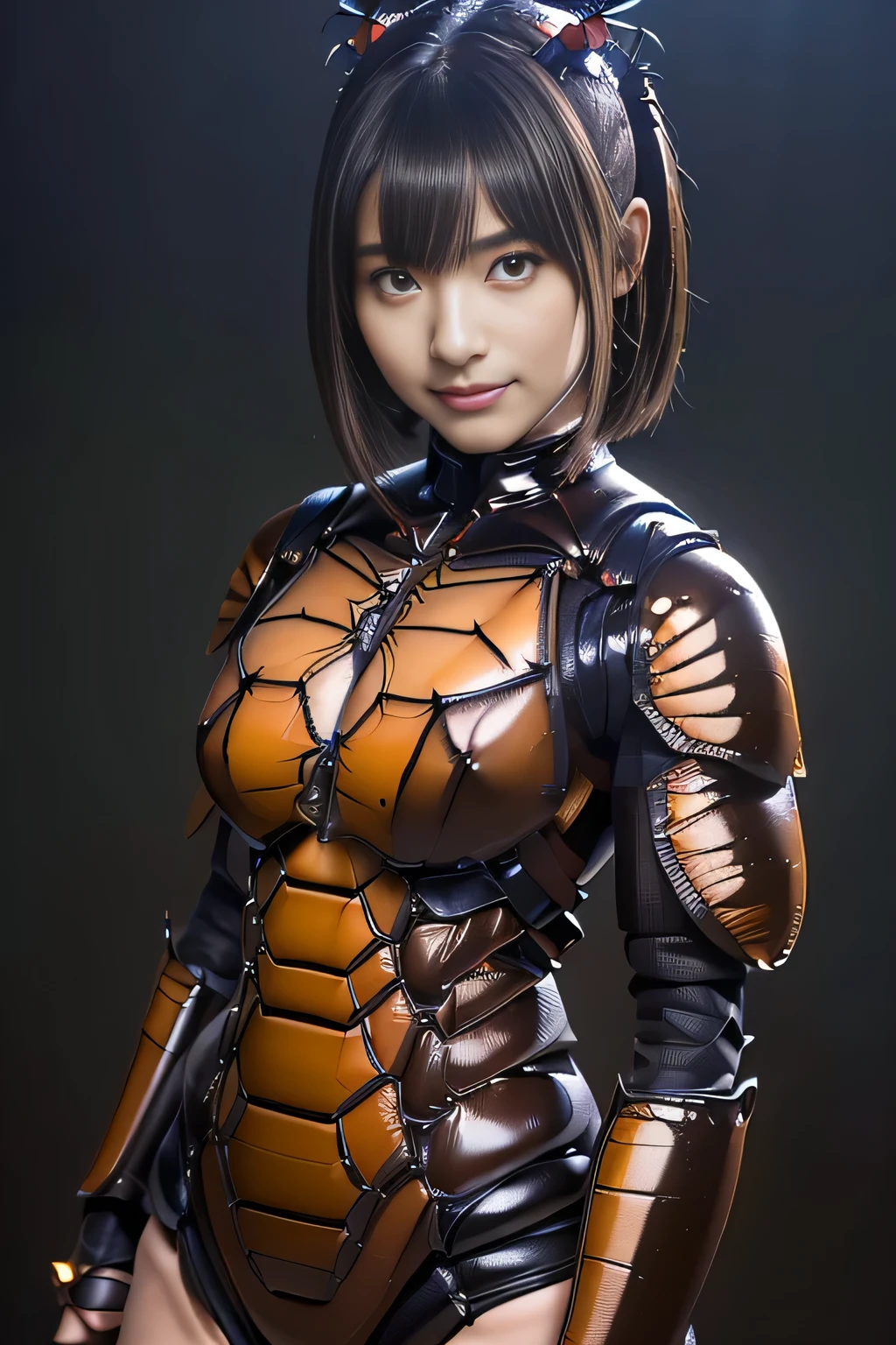 (high resolution,masterpiece,best quality,extremely detailed CG, anime, official art:1.4), realistic, photo, amazing fine details, all intricate, gloss and shiny,awesome many layers, 8k wall paper, 3d, sketch, kawaii, illustration,( solo:1.4), perfect female proportion,villainess, (fusion of dark brown cockroach and lady:1.4), (brown cockroach form lady:1.2), (brown cockroach lady:1.2), (fusion:1.2), (solo:1.4), (evil smile:1.2), muscular, abs, (cockroach brown exoskeleton bio insect suit:1.4), (cockroach brown exoskeleton bio insect armor:1.2), (brown transparency cockroach wing:1.4), (brown cockroach antennae:1.3),