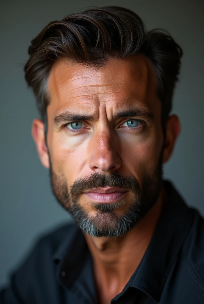 A handsome 37 year old young man with a beard and blue eyes