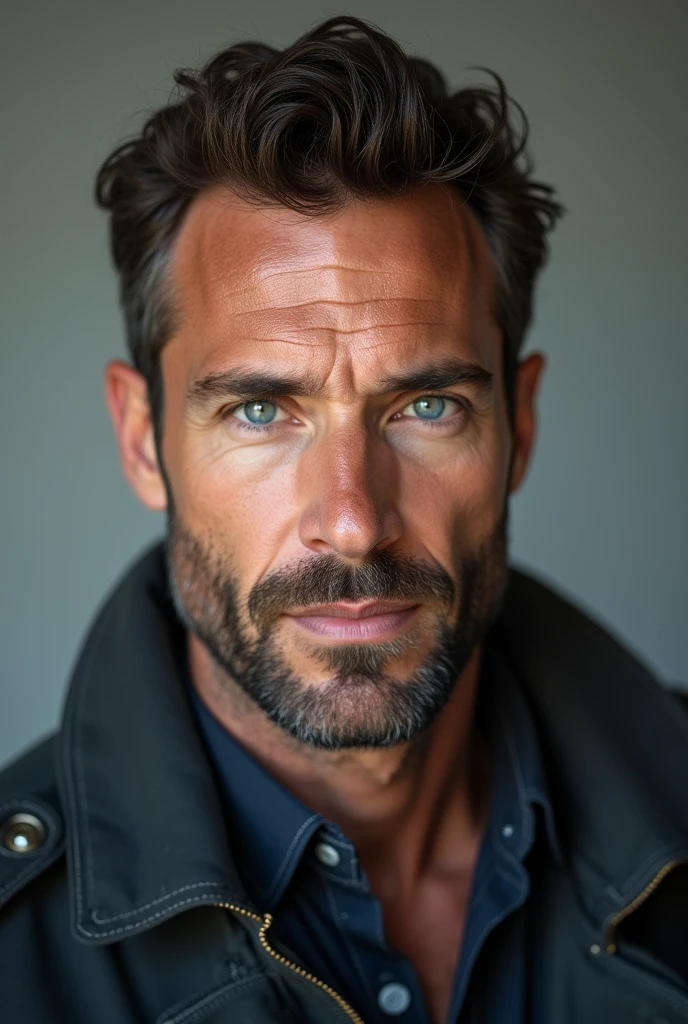 A handsome 37 year old young man with a beard and blue eyes