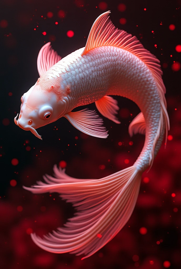 photo RAW, (Black, dark red and neon pink : Portrait of 2 ghostly long tailed white koi, woman, shiny aura, highly detailed, red filigree, intricate motifs, organic tracery, Januz Miralles, Hikari Shimoda, glowing stardust by W. Zelmer, perfect composition, smooth, sharp focus, sparkling particles, lively coral reef background Realistic, realism, hd, 35mm photograph, 8k), masterpiece, award winning photography, natural light, perfect composition, high detail, hyper realistic