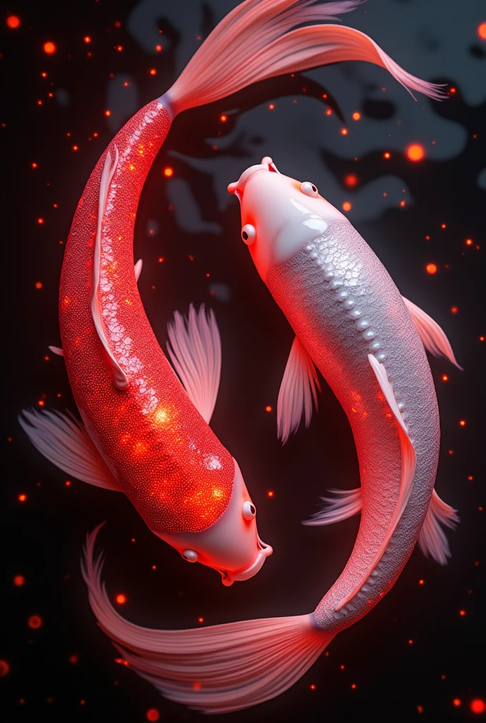 photo RAW, (Black, dark red and neon pink : Portrait of 2 ghostly long tailed white koi, woman, shiny aura, highly detailed, red filigree, intricate motifs, organic tracery, Januz Miralles, Hikari Shimoda, glowing stardust by W. Zelmer, perfect composition, smooth, sharp focus, sparkling particles, lively coral reef background Realistic, realism, hd, 35mm photograph, 8k), masterpiece, award winning photography, natural light, perfect composition, high detail, hyper realistic