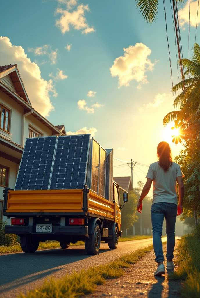 An image of Brazil, a truck from a company called Ongrid Energia Solar full of solar panels arriving at a residence, the owner of the house leaving the house very happy to arrive at the solar panels. I want it with sun and clouds 