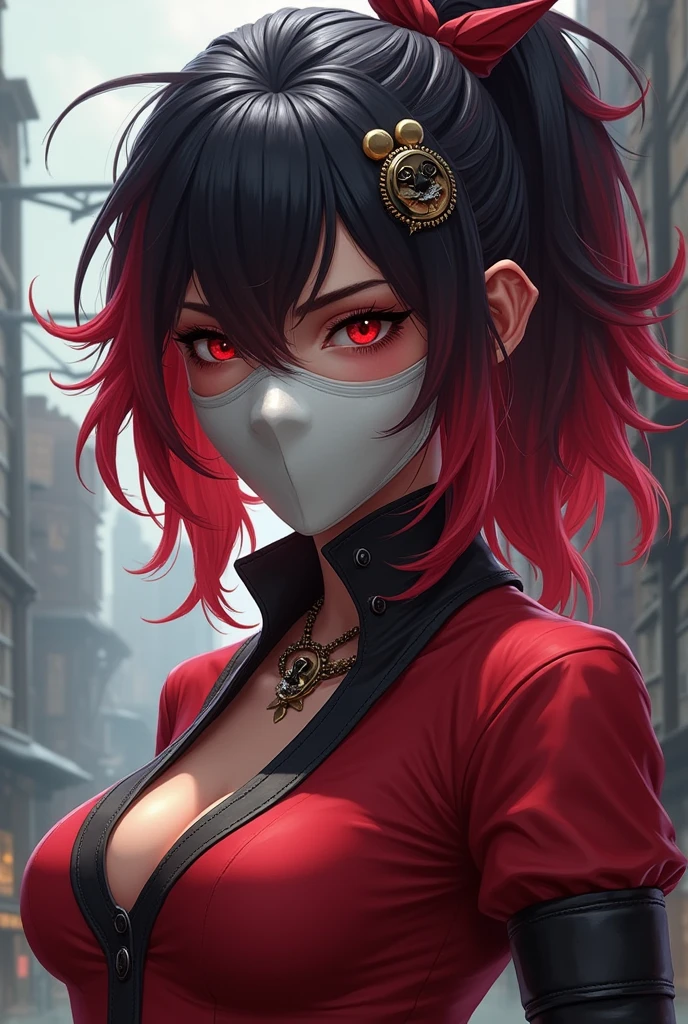 Free Fire female character with red and black hair, a mask in her hair, a white mask on her face and a red top