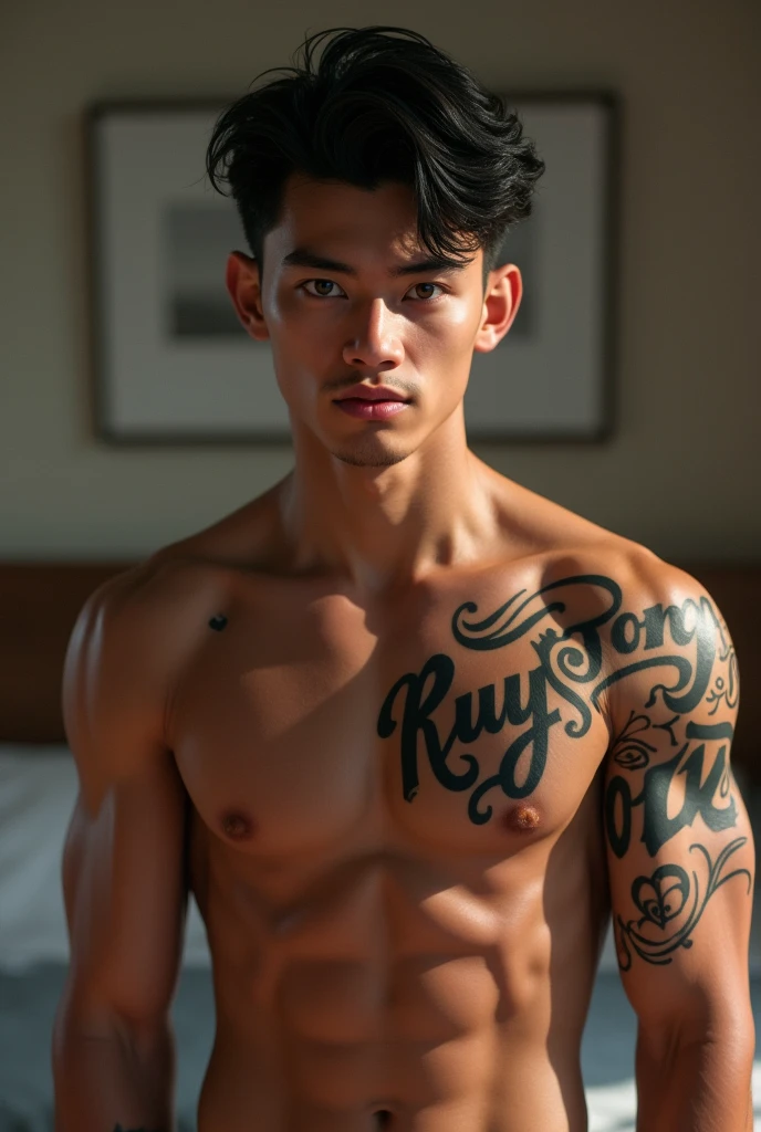 a young man AI high quality muscular tattoo with name “ruy” tanned skin piercing gaze pinkish moisturized mouth with realistic animated bedroom background
