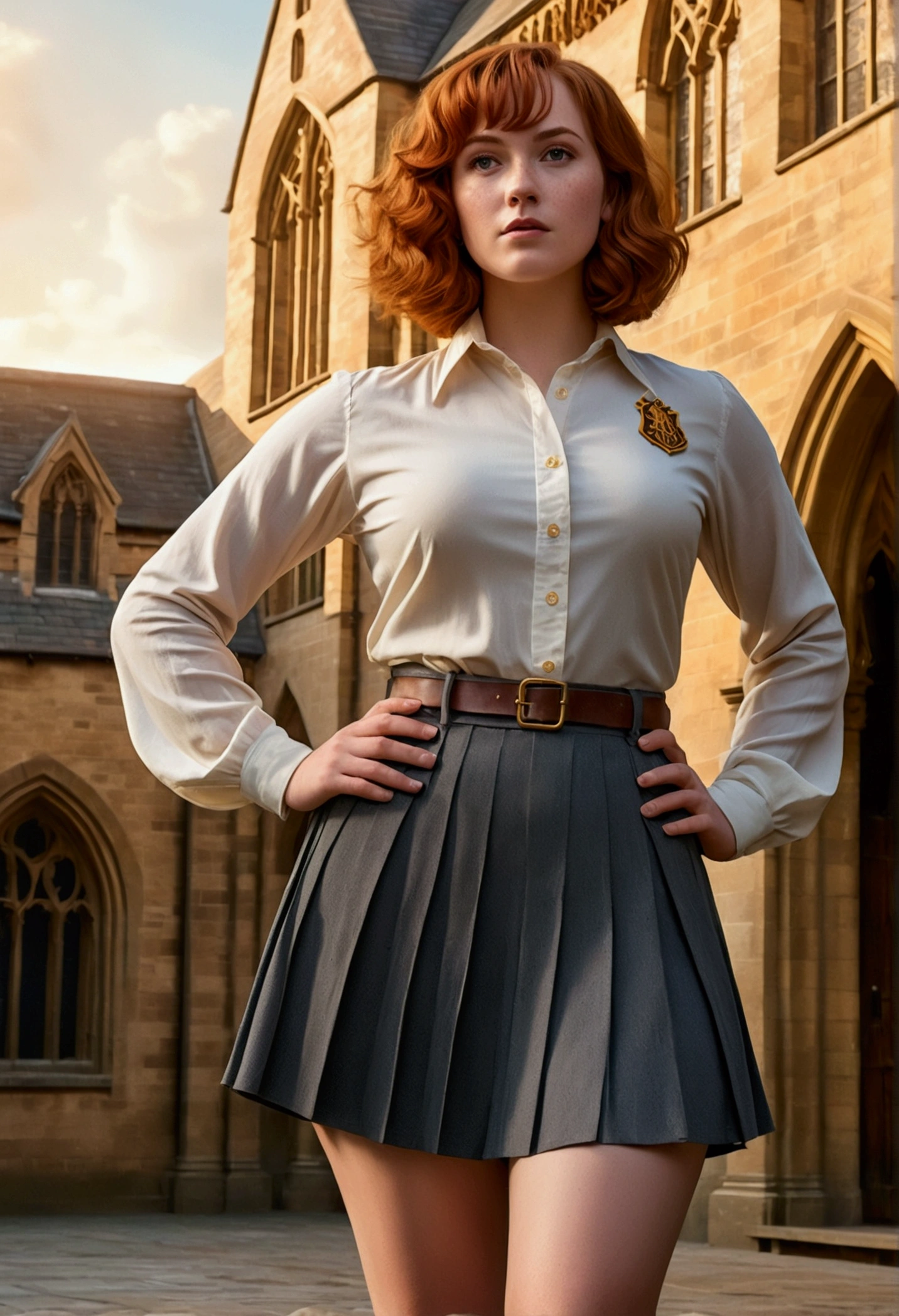 An illustrated movie poster, hand-drawn, full color, a Hogwarts student, wearing a button-down blouse and a pleated skirt, tall, toned, amazonian stature, athletic hourglass figure, full wide hips, massive round butt, long shapely legs, ridiculously thick powerful thighs, auburn hair, curly bob cut, flushed sun-kissed complexion, freckles, standing in a Hogwarts Courtyard, graphite shading, stencil marks, airbrushed acrylic paint, masterpiece, in the Deathly Hallows 