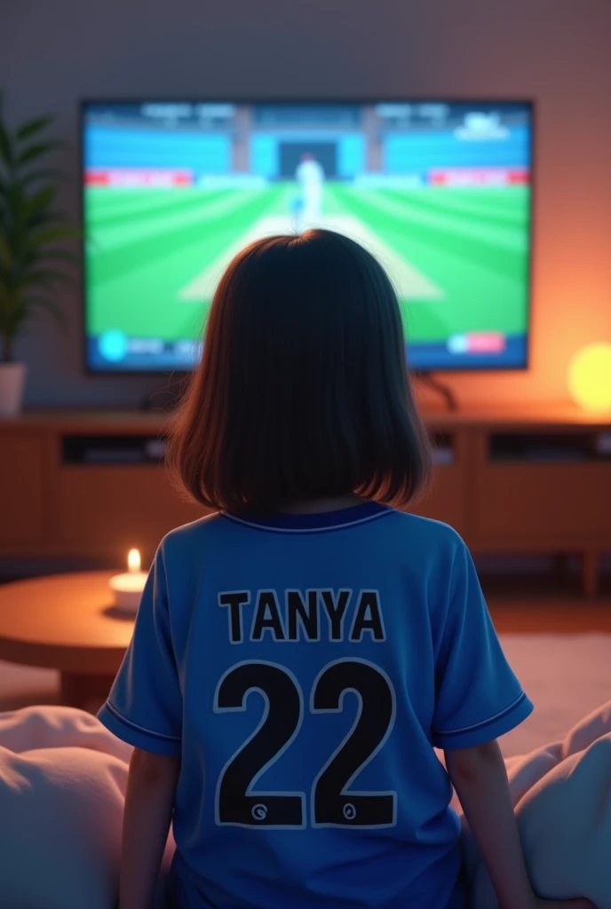 A girl wearing a blue jersey with named it as tanya 22 is watching a cricket match on television