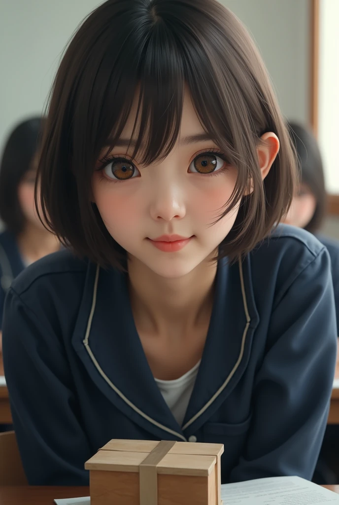 Highest quality, Face Focus, Soft Light, Ultra-high resolution, (Realistic:1.4), RAW Photos, 1 Japan, alone, cute, (A shy smile:0.5), (Brown eyes, Light in your eyes), Beautiful face in every detail, (Small box),(High resolution detail of human skin texture), (Short Bob Hair), break, In the classroom,Navy uniform, Best, skirt