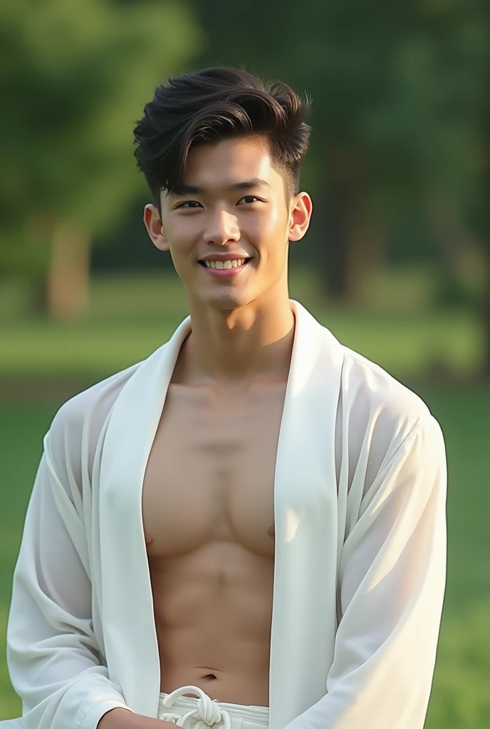 2 person of asain man model, Beautiful eyes and details on face, Masterpiece, best quality best, close , Beautiful body of, (model) Hot skin, Masterpiece, best quality, The most handsome man in the world., Tan Kuan, perfect body, beautiful model, Attractive men bring beauty between the ages of 18-24., เบ่งบานในbuzzer, Green Lawn, buzzer, different, tree , flower, sky, Bai Yun, A strong, handsome young man wearing a transparent white robe., Transparent white fabric, Off-the-shoulder jacket, Revealing the chest muscles, Upper Leg,His chest muscles were caressed., White and clear all over)), (male focus), (Smooth body of)), smile, Super cute., dynamic, Cool poses, Stunning light, full body photo, full body photo, young face, pic, body of, Tall and slender, Tight figure, draw, white or white , Baby Face, Beautiful body of, khd, Natural skin tone, gentle light, which is very detailed, Viewer's perspective, Photography of, Sensitive skin, real person, realistic, lens, Crazy details, details on face, Maximum magnification, realistic exaggeration, Cinematic lighting, long focus, Intricately detailed lighting elements, Highly detailed, Highly detailed, digital painting, art station , concept art, Smooth focus, sharp, Enlightenment, Unreal5 engine, 8ก, art:ross tran、Greg Rutkowski and Alphonse Mucha, 超khd, 8ก, Exhibited for men only .8g Ultra HD, SLR camera, low beam, High quality, Cinematic lighting grain, FujiCinematic lighting XT3, Boyfriend, Version 2,