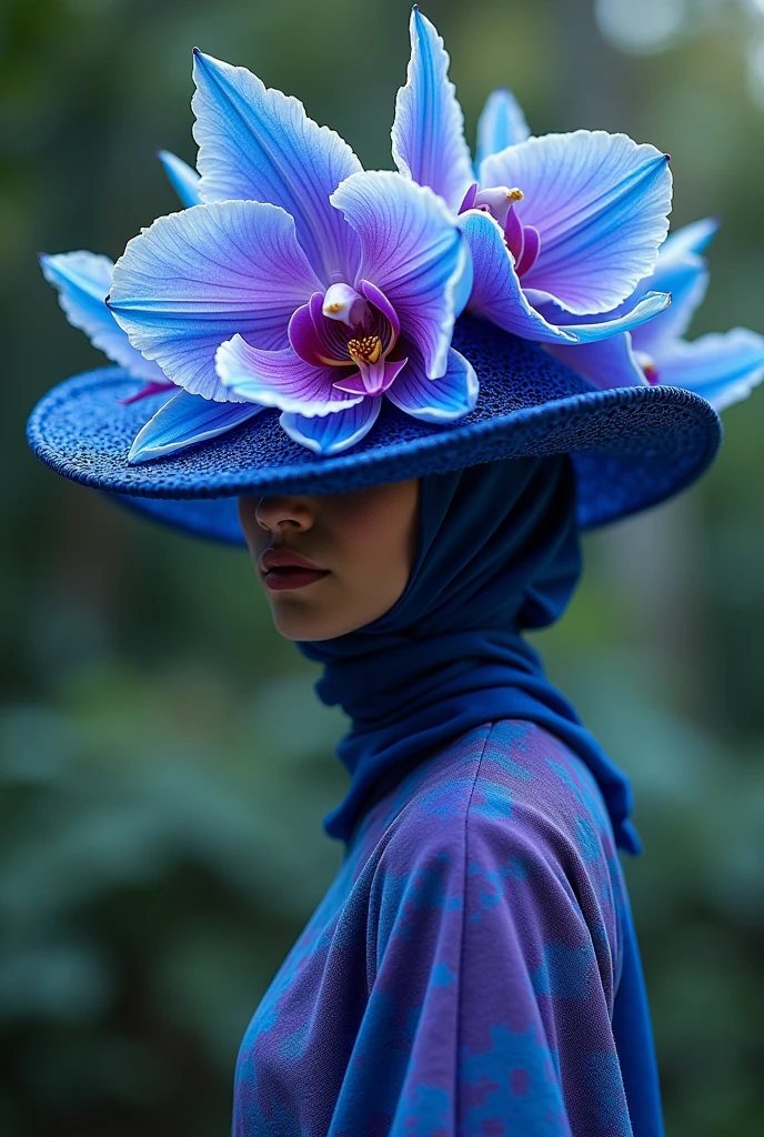 Blue purple orchid flower inspired fashon blue purple colours using tie dye weaving hat.