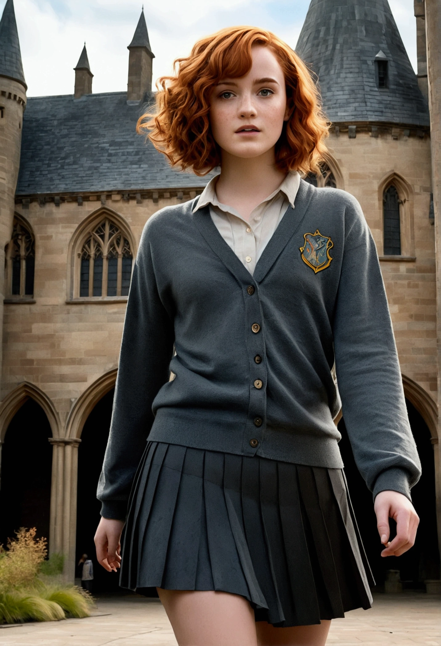 An illustrated movie poster, hand-drawn, full color, a Hogwarts student, wearing a charcoal cardigan and a pleated skirt, tall, toned, amazonian stature, athletic hourglass figure, auburn hair, curly bob cut, flushed sun-kissed complexion, freckles, standing in a Hogwarts Courtyard, graphite shading, stencil marks, airbrushed acrylic paint, masterpiece, in the Deathly Hallows