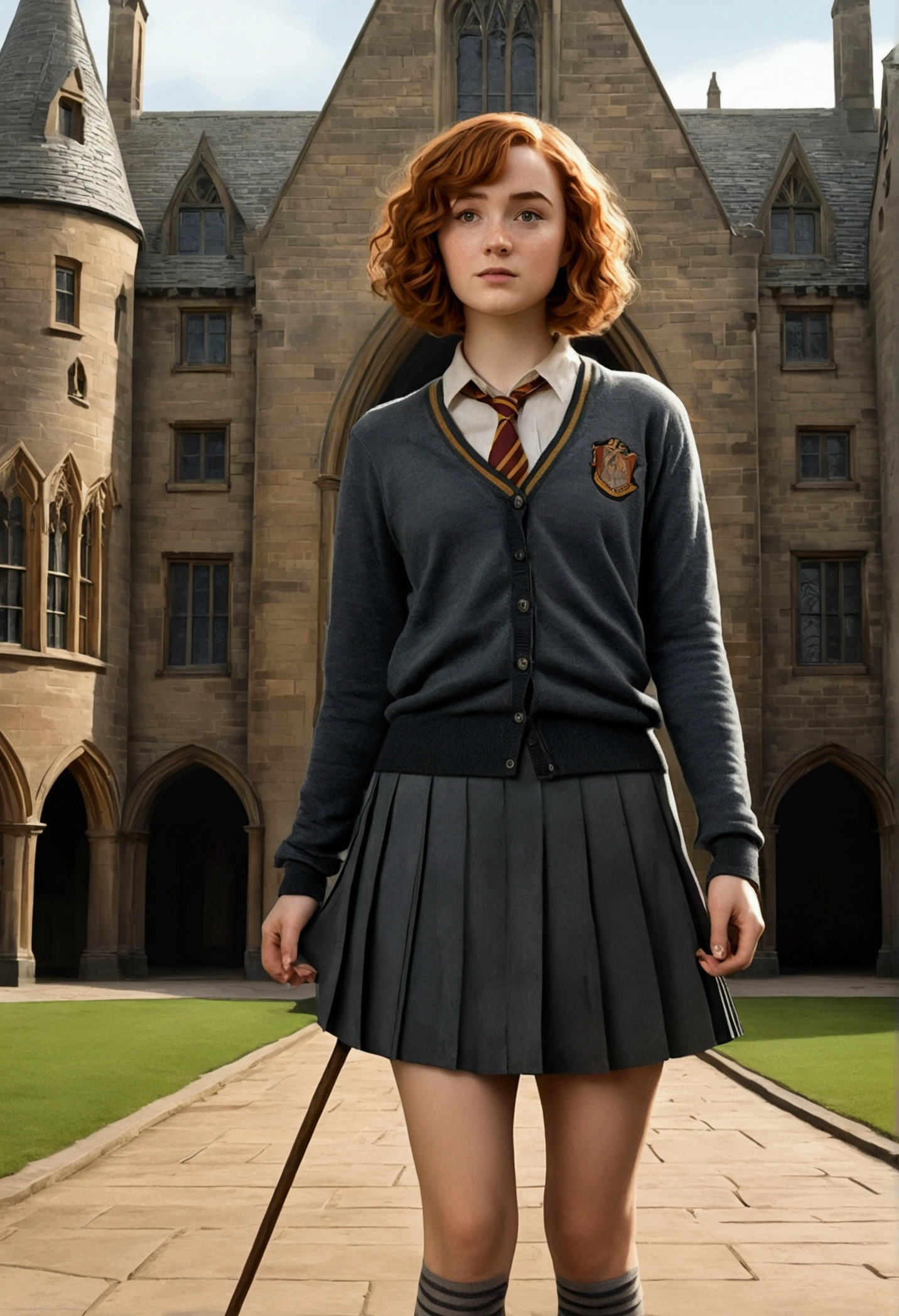 An illustrated movie poster, hand-drawn, full color, a Hogwarts student, wearing a charcoal cardigan and a pleated skirt, tall, toned, amazonian stature, athletic hourglass figure, auburn hair, curly bob cut, flushed sun-kissed complexion, freckles, standing in a Hogwarts Courtyard, graphite shading, stencil marks, airbrushed acrylic paint, masterpiece, in the Deathly Hallows 