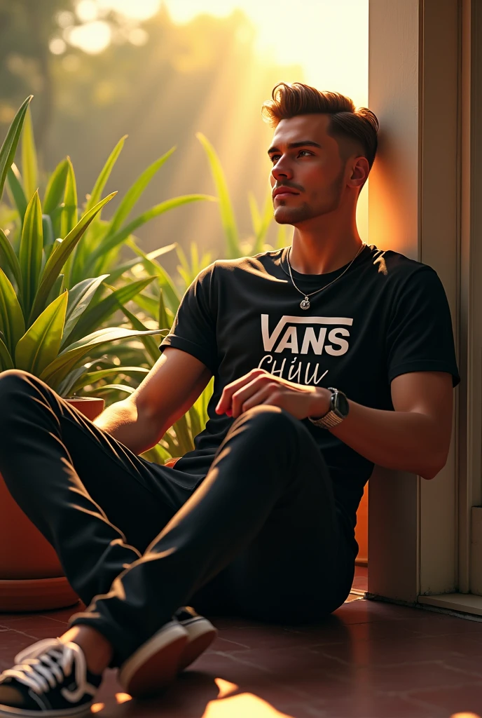 (photorealism:1.2), handsome gentlemen, sitting on balcony, wearing black t shirt with a writing says Vans Chill Muno, vans long black pants, low fade normal hair, outdoors, soft lighting, plants in background,  with view of sunlight, ccozy day, relaxed pose, realistic, intricate details, warm colors, by Greg Rutkowski, by Alphonse Mucha