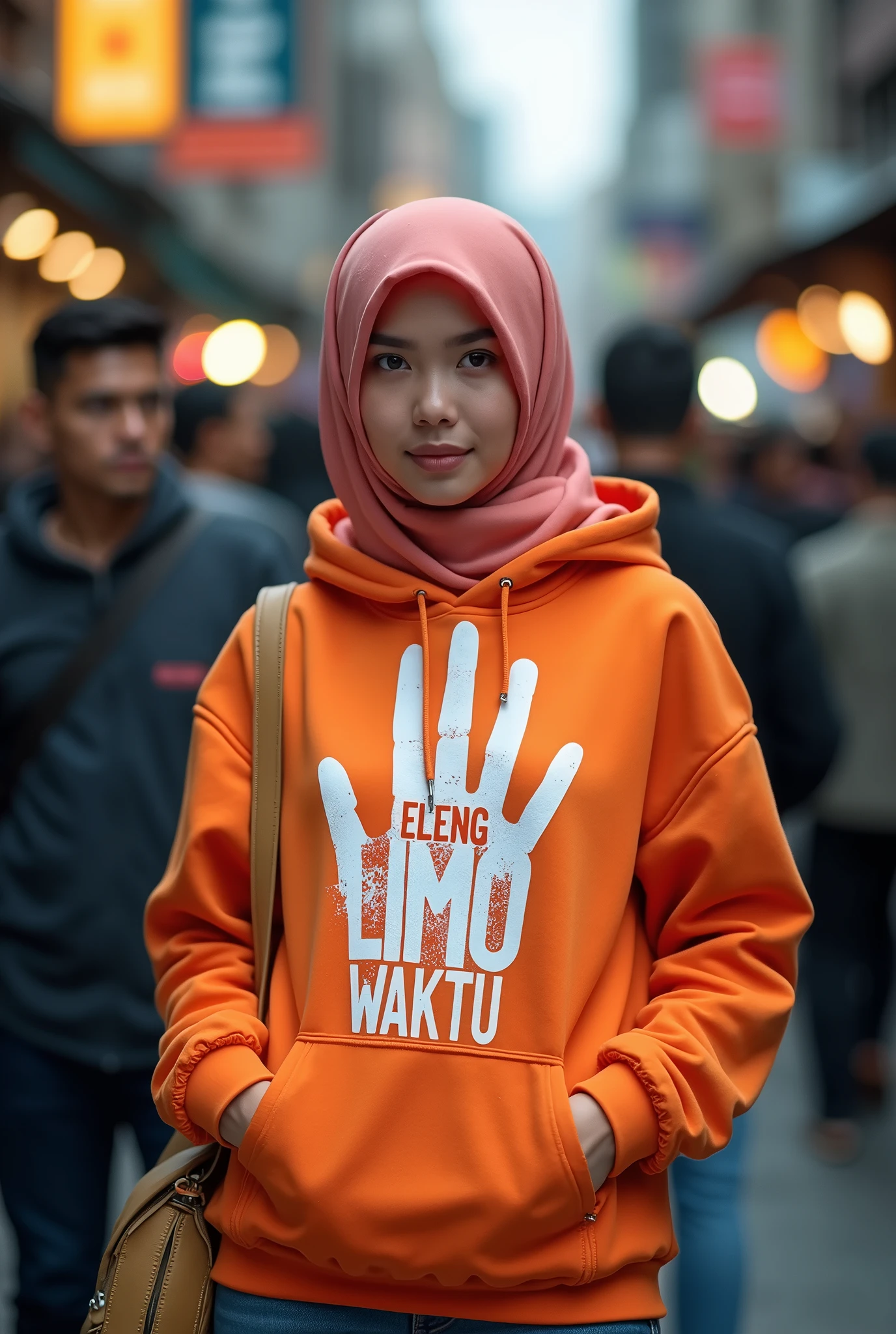 A indonesian pretty woman, wearing a hoodie with a strong vector design featuring a silhouetted image of a five-fingered palm in white colour with love and light. The phrase "ELENG LIMO WAKTU" is displayed in bold, distressed typography with pastel colours, while holding her hoodie, hijab, in a public place, surrounded by many men, big and sexy breasts, jav idol, with a frontal shooting angle, very realistic, (complex detail: 0.9), (hdr, hyperdetail: 1.2), RAW, Sony Alpha a9 II, 24-105mm f/4, HDR,