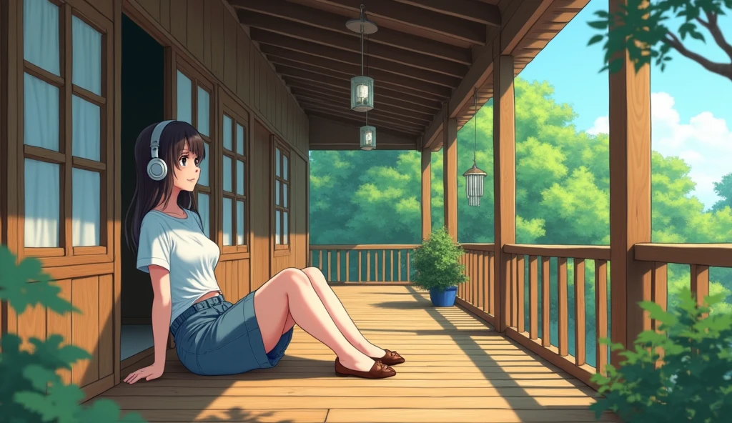 Perfect image, 8k, noon、A high school girl listening to music on a cozy veranda,holiday、 Using headphones, 2D-style animation, Lo-Fi, hard disk, Big Breasts、one&#39;s home、wind chimes、summer、Retro、Japanese style、Wooden house、Single-story house
