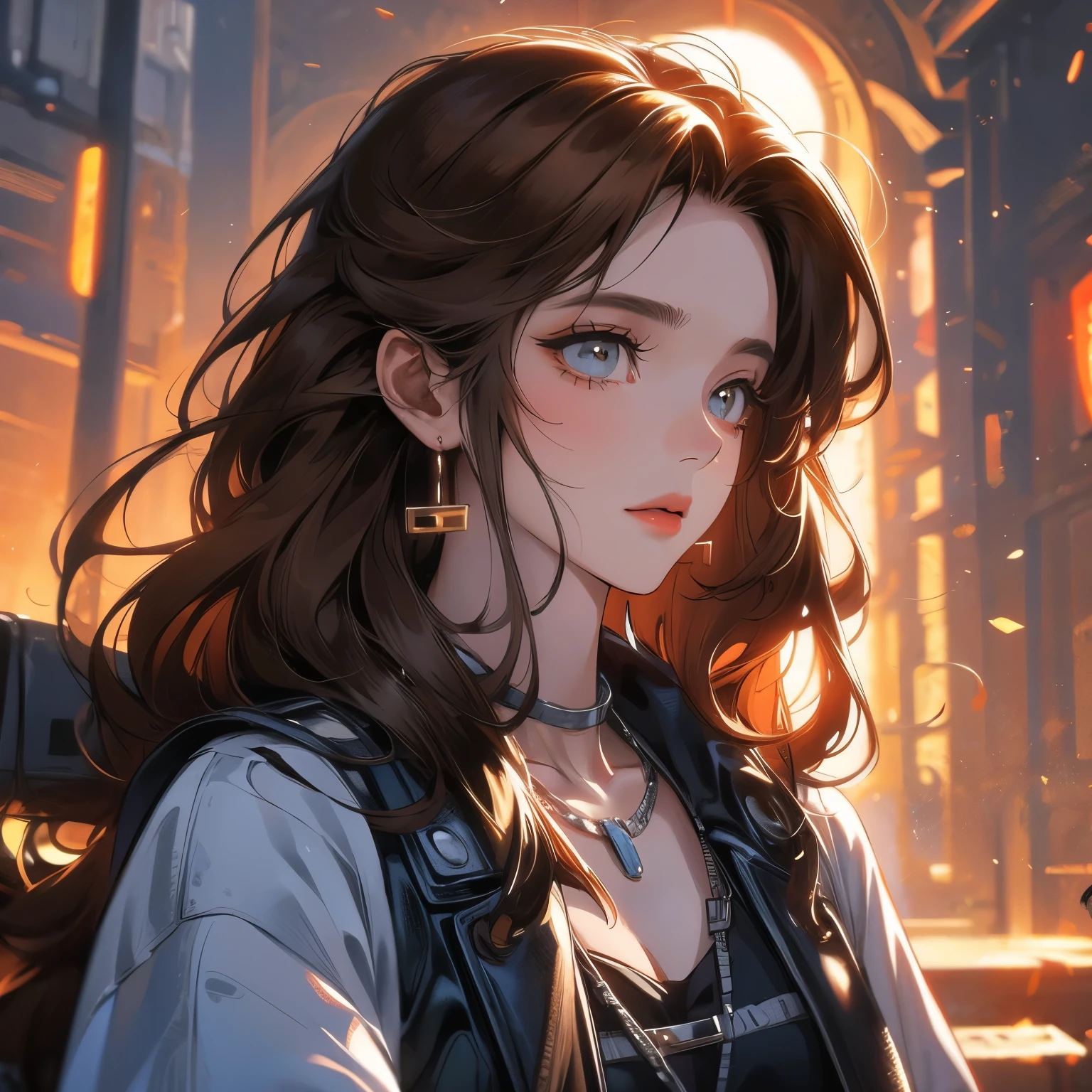 character, fictional, woman, consists of fragments of brown, cinematic, oblique perspective, portrait, sunset