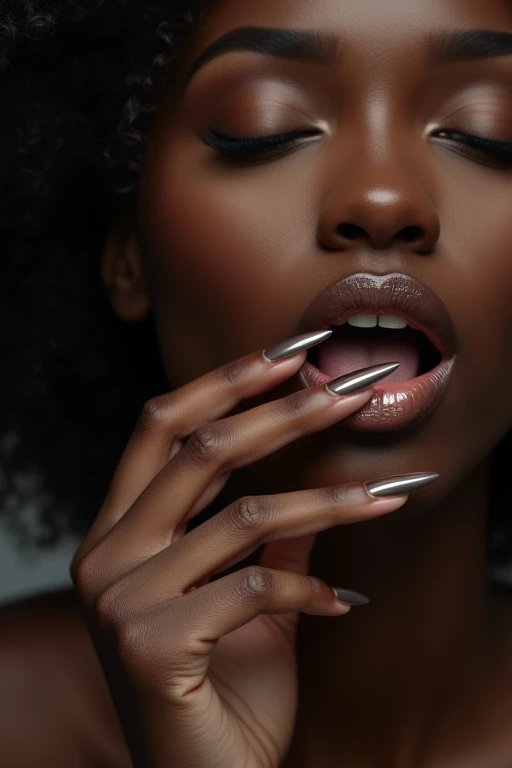 A woman with dark skin and realistic nails sucking a dick