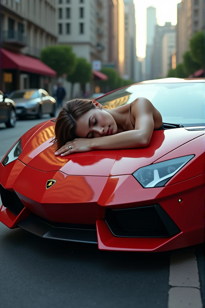 A person sleeping on top of a Lamborghini