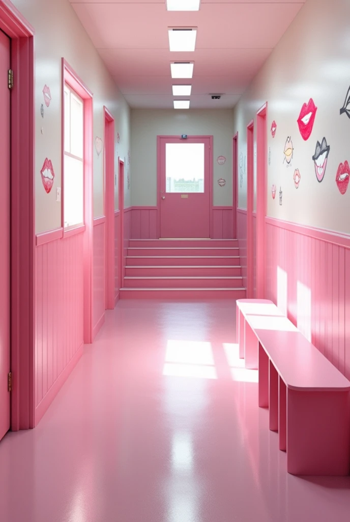 (photorealism:1.2) 
Inside an empty pink and white classic school hallway second floor of a pink classic school, Along the hallway there are some classic school pink open doors of the different classrooms, 
At the right hand side of the hallway there's a wide pink school stairway coming up from the school first floor, there are many drawings of 💋 can be seen on the walls, A long pink bench along the hallway,
View: Below the shoulder perspective photo, 
high resolution, masterpiece, best quality, intricate details, highly detailed, Hiperrealistic