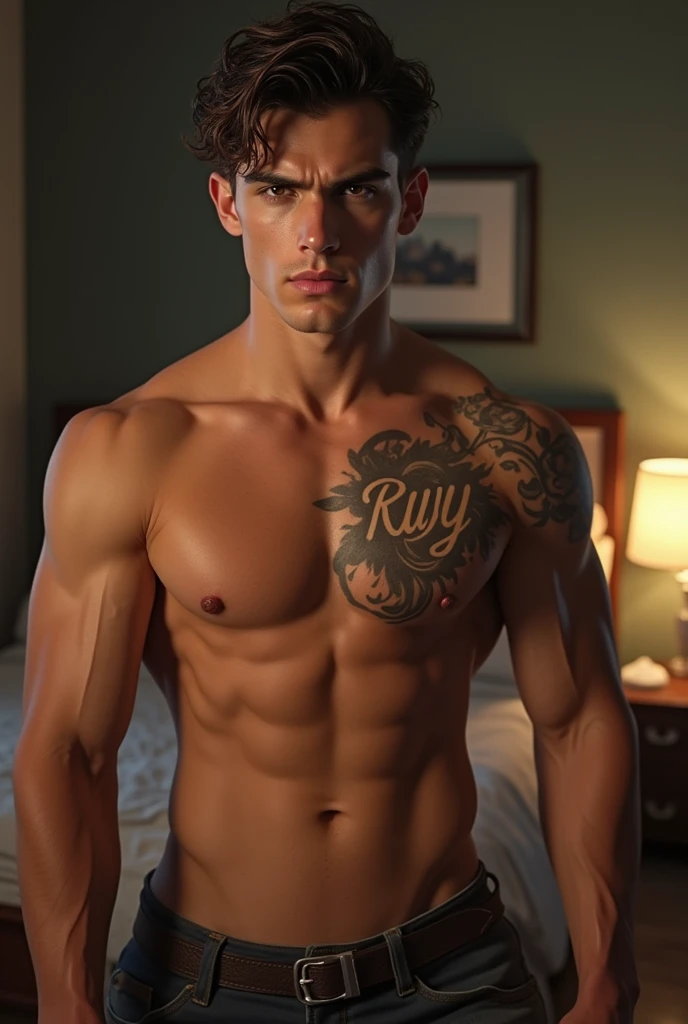 a young man AI high quality muscular tattoo with name “ruy” tanned skin piercing gaze hydrated pink mouth with realistic animated bedroom background