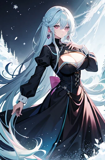 Anime, woman, long hair, pale blue hair, pink eyes, cool, earrings, big boob, wearing a black dress, beautiful, elegant, pure, fantasy, ice, snowflake, snow land,