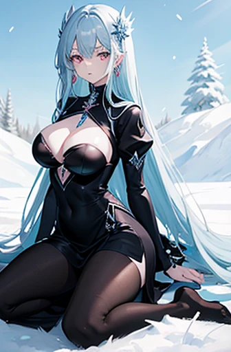 Anime, woman, long hair, pale blue hair, pink eyes, cool, earrings, big boob, wearing a black dress, beautiful, elegant, pure, fantasy, ice, snowflake, snow land,